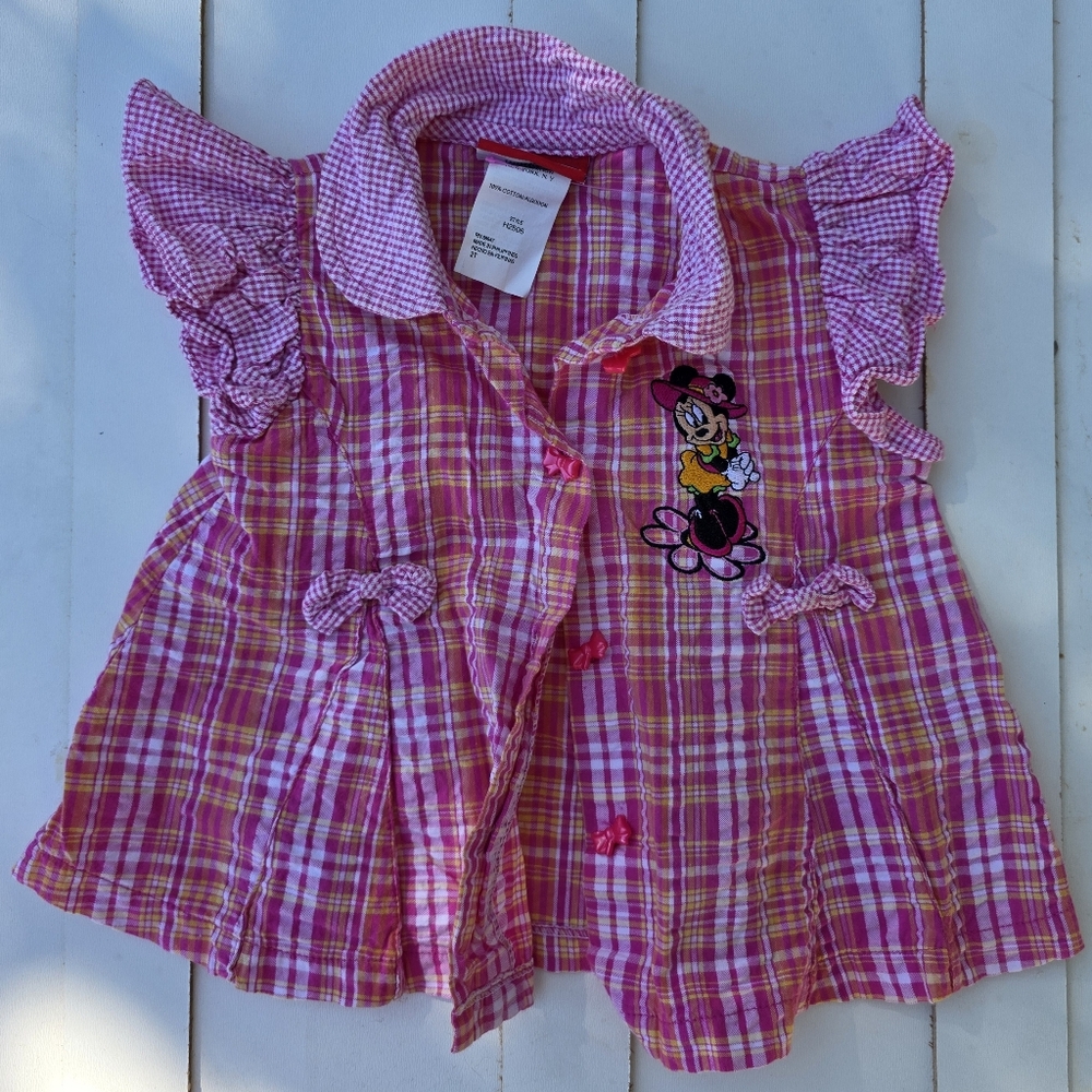 Mickey For Kids Vintage Disney Pink and Yellow Plaid Kids Minnie Mouse Blouse